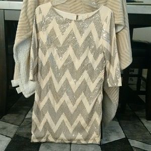 Cream and Silver Sequin Striped Party Dress